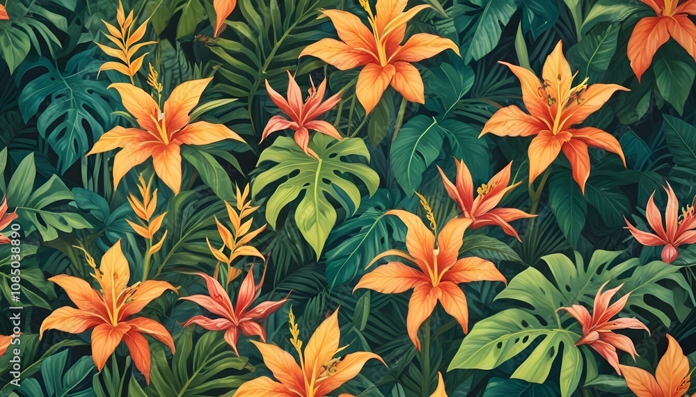 Tropical exotic pattern with animal and flowers in bright colors and lush vegetationn Tropical exotic pattern with animal and flowers in bright colors and lush vegetationn