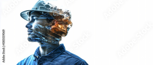 Engineer with hard hat and blue shirt, showcasing double exposure effect with construction site illustration on a white background photo