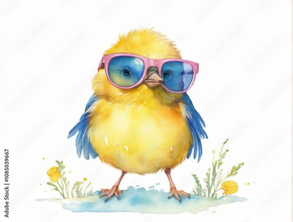 Fototapeta premium Whimsical watercolor illustration of a yellow bird in sunglasses standing on grass with flowers, in bright colors.