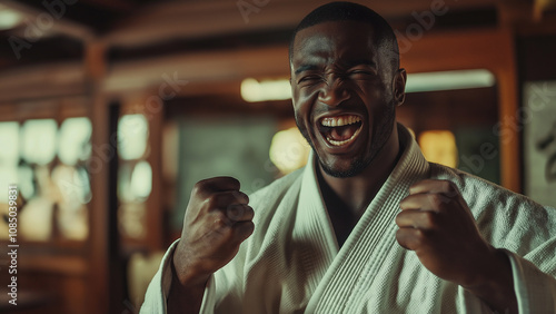 Black male Judo athletes. Martial arts athletes of East Asian origin, including Judo, Karate, and Taekwondo. Copy space. Happily fist pumping. photo