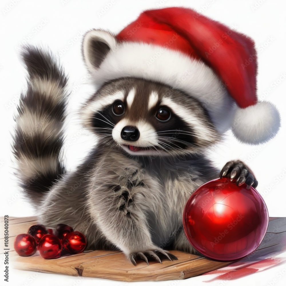 Festive Raccoon in Santa Hat with Bauble on Wooden Surface Festive Raccoon in Santa Hat with Bauble on Wooden Surface
