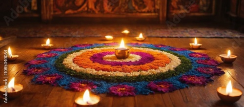 Diwalithemed vibrant rangoli design with colorful flowers, lit diya, and traditional oil lamps on wooden floor in dim room. photo