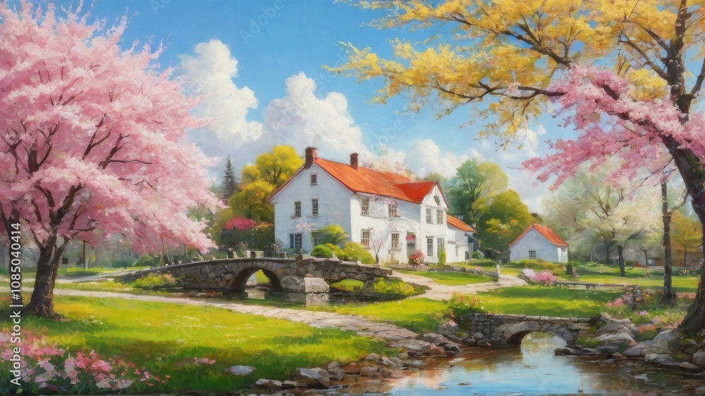 Obraz premium Beautiful Landscape Painting with White House, Red Roof, Cherry Blossom Trees, Stone Bridge, and Serene Atmosphere.
