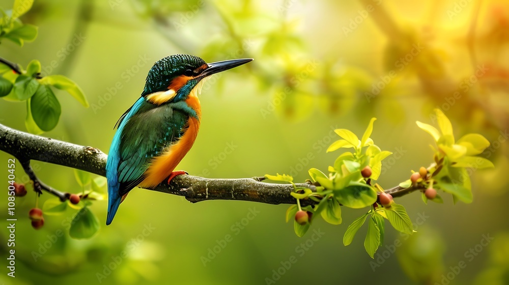 Fototapeta premium A colorful kingfisher perched on a branch amidst lush green leaves, capturing the beauty of nature.