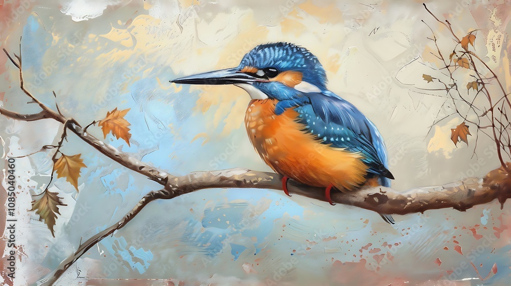 A vibrant illustration of a kingfisher perched on a branch, showcasing its colorful feathers against a soft background. A vibrant illustration of a kingfisher perched on a branch, showcasing its colorful feathers against a soft background.
