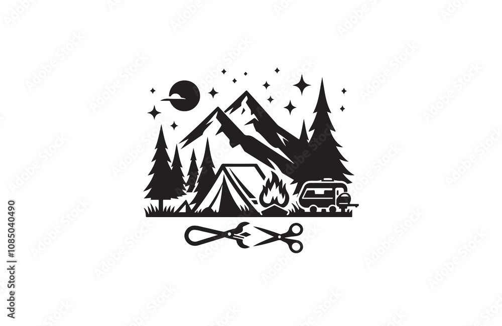 Camping silhouette vector outline illustration logo design Camping silhouette vector outline illustration logo design