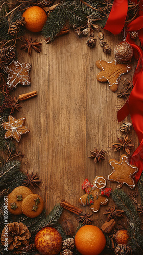 New Year's background with wooden texture, decorated for Christmas and winter in red-green-yellow colors, fir branches, dried fruits, gingerbread cookies, cinnamon sticks, snowflakes, star anise.