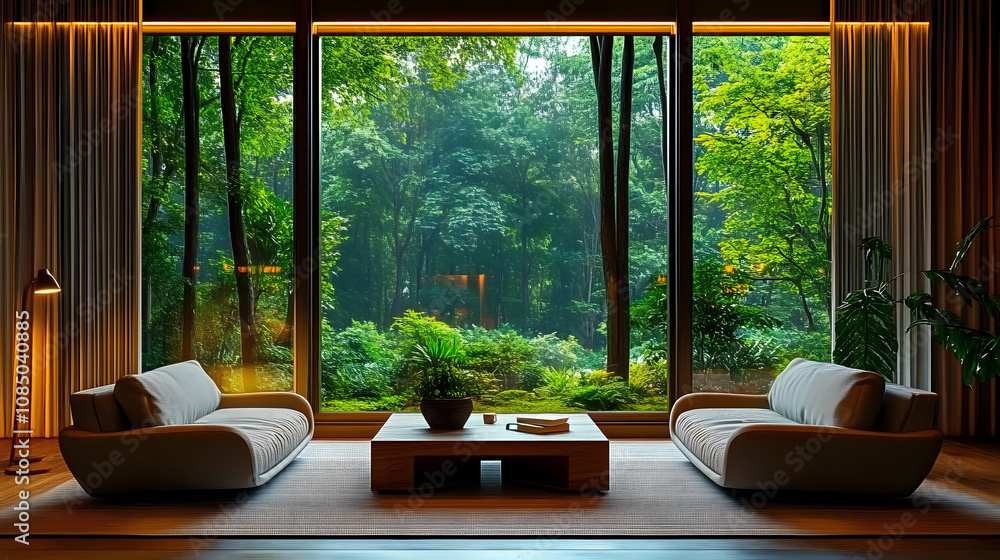 Fototapeta premium Modern Interior Design with Forest View