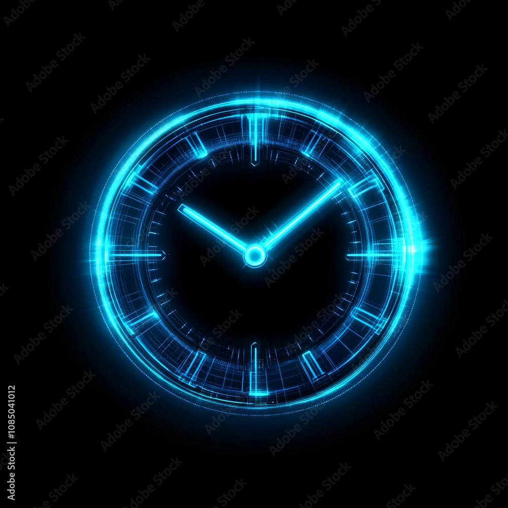 A futuristic digital clock light effect. A glowing silhouette of a clock representing time. Background laser blue neon clock vector illustration with AI generated. A futuristic digital clock light effect. A glowing silhouette of a clock representing time. Background laser blue neon clock vector illustration with AI generated.