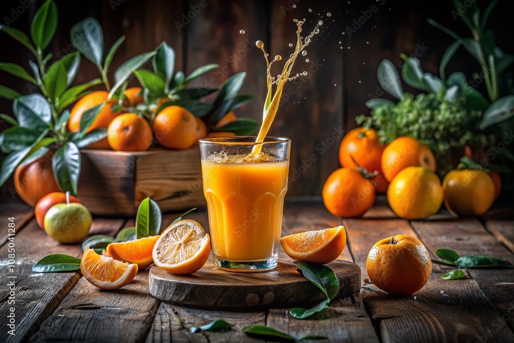 Long Exposure of a Refreshing Glass of Orange Juice with Fresh Oranges on a Rustic Wooden Table, Capturing the Essence of Summer and Healthy Living Long Exposure of a Refreshing Glass of Orange Juice with Fresh Oranges on a Rustic Wooden Table, Capturing the Essence of Summer and Healthy Living