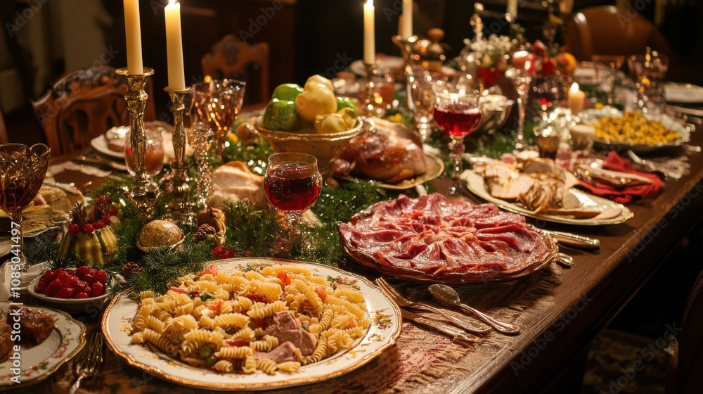 Table filled with various meats, vegetables, and pasta for a festive meal Table filled with various meats, vegetables, and pasta for a festive meal