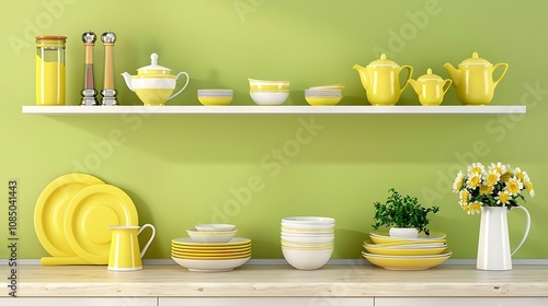 A vibrant kitchen shelf displaying yellow dishware and a floral arrangement against a green wall.