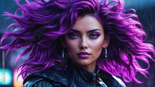 Vibrant Purple Hair Woman in Futuristic Urban Setting