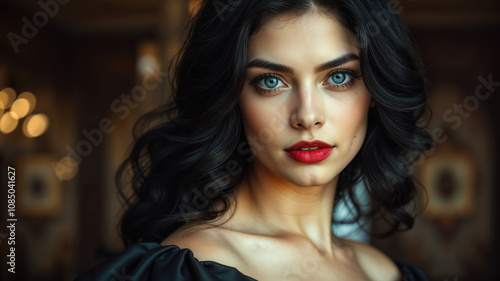 Elegant Woman with Striking Red Lips and Dark Hair Portrait