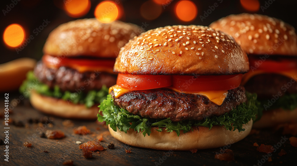 Close-up of a gourmet burger with a juicy patty, fresh lettuce, tomato, and sauce on a sesame seed bun Close-up of a gourmet burger with a juicy patty, fresh lettuce, tomato, and sauce on a sesame seed bun