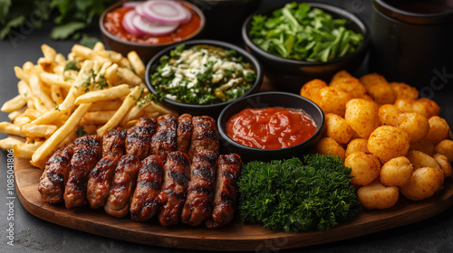 fried sausage and deep-fried potatoes on a plate. Shish kebab, from ground beef meat, on black dark stone table background.