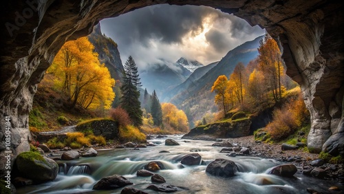 Autumnal Silhouette: Rainy October Valley, Rufabgo Stream, Adygea photo