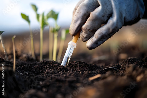 taking a soil sample for a soil test in a field. Testing carbon sequestration and plant health photo