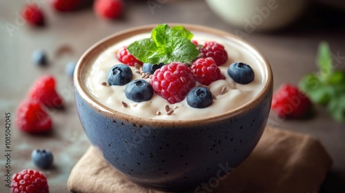 Casserole bowl filled with delicious yogurt in a close-up view, highlighting freshness and nutrition