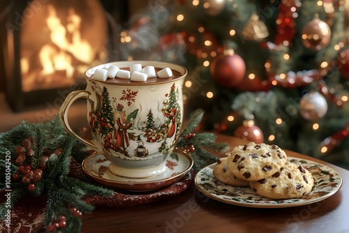 A festive mug of hot chocolate with marshmallows sits on a decorated table with cookies, surrounded by a lit Christmas tree and a glowing fireplace