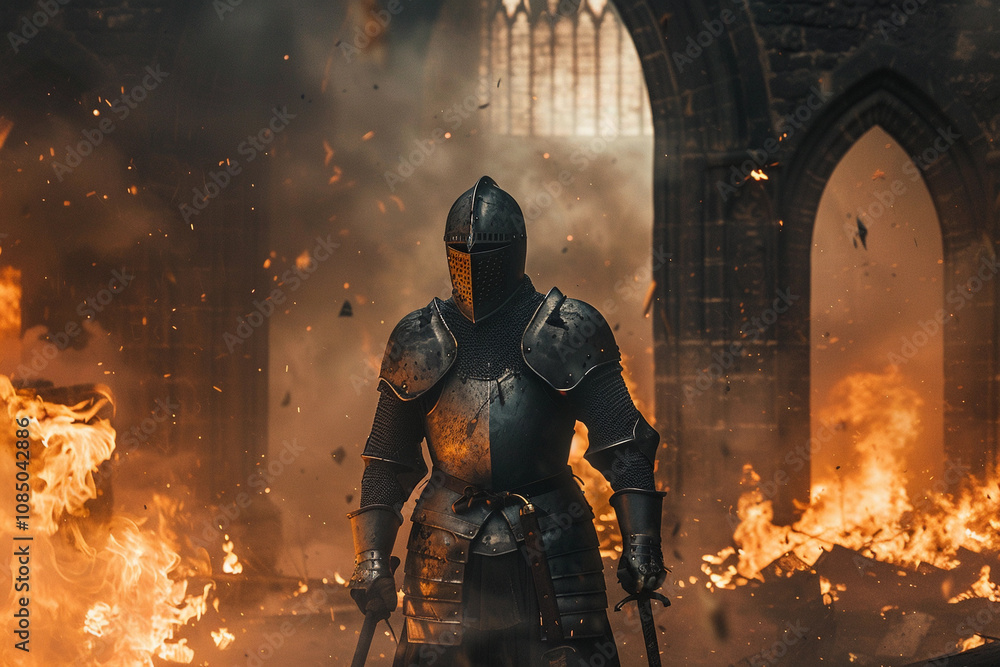 Fantastic royal knight in iron armor guards castle chambers Fantastic royal knight in iron armor guards castle chambers