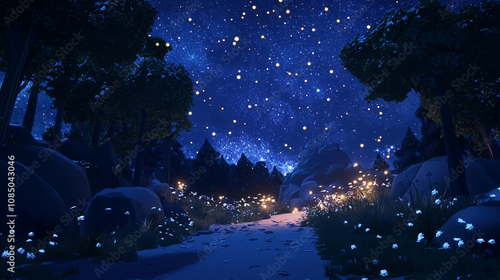 Fototapeta premium A serene pathway through the forest under a starry night sky filled with twinkling stars