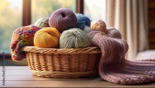 Colorful yarn balls fill a woven basket, inviting cozy knitting or crochet projects