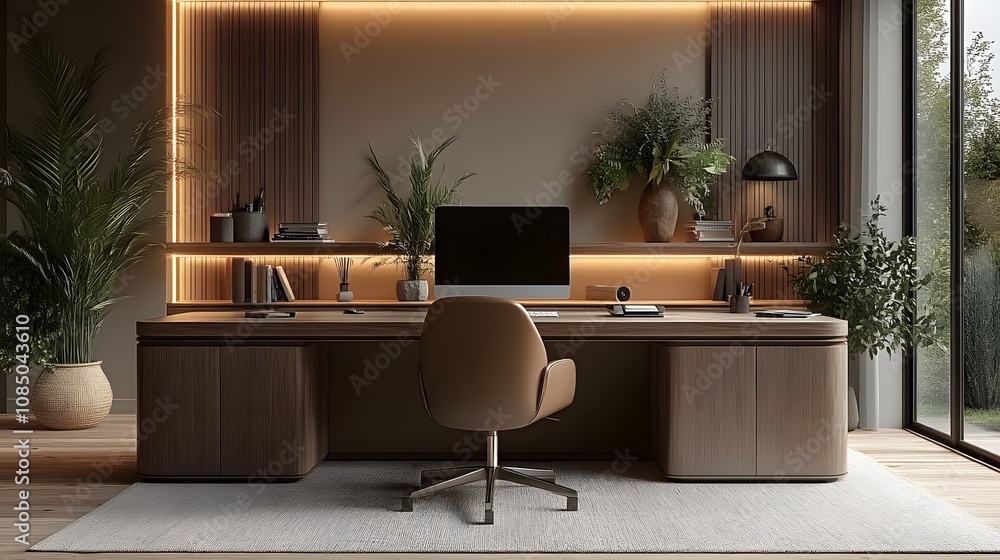 Fototapeta premium Elegant home workspace featuring a modern chair and a large desk, minimalist decor, soft lighting, stylish and functional layout, 3D rendering