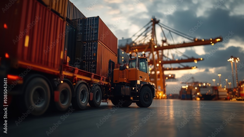 Industrial scene featuring a heavy-duty truck transporting shipping containers at dusk with cranes in the background and warm ambient lighting casting long shadows Industrial scene featuring a heavy-duty truck transporting shipping containers at dusk with cranes in the background and warm ambient lighting casting long shadows