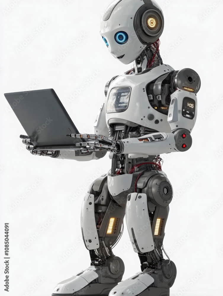 Robot working with laptop, white background Robot working with laptop, white background