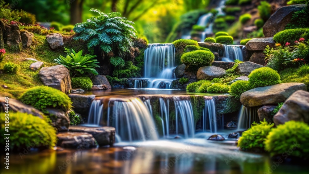 Miniature Waterfall Landscape in Tilt-Shift Perspective, Capturing the Beauty of Nature with a Playful Focus on Cascading Water and Lush Green Surroundings Miniature Waterfall Landscape in Tilt-Shift Perspective, Capturing the Beauty of Nature with a Playful Focus on Cascading Water and Lush Green Surroundings