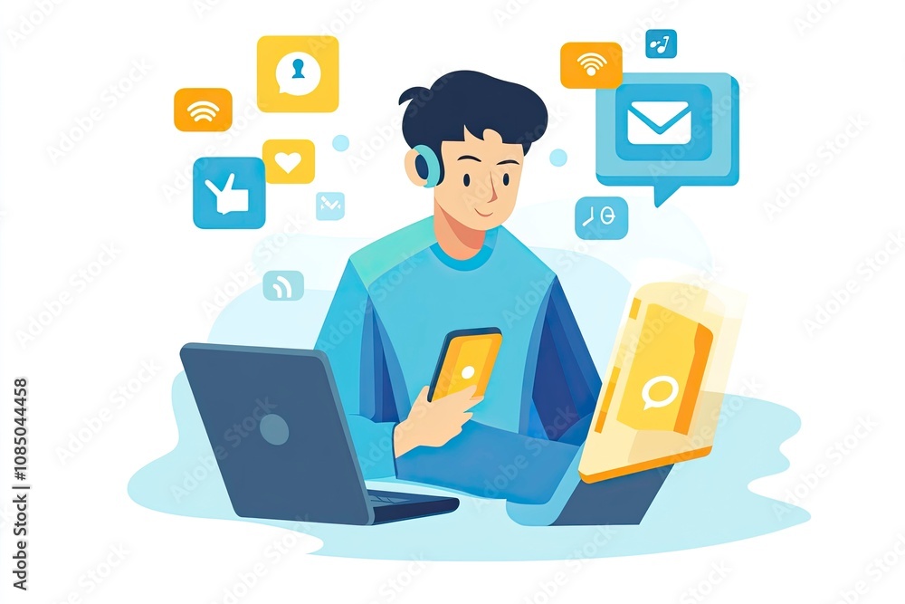 employee looking at phone, laptop next to him, messenger icons, telephony setup, generative ai employee looking at phone, laptop next to him, messenger icons, telephony setup, generative ai