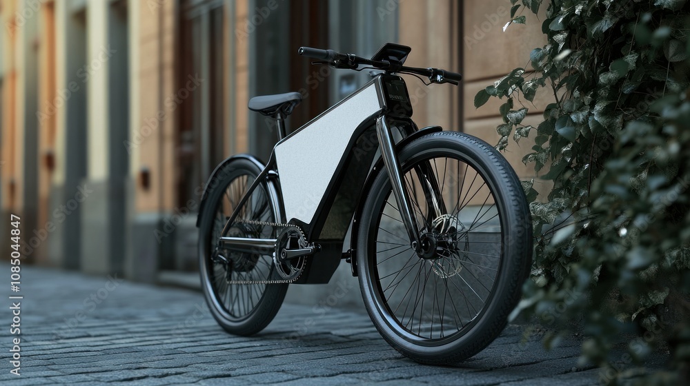 A sleek electric bike parked on a cobblestone street near greenery. A sleek electric bike parked on a cobblestone street near greenery.