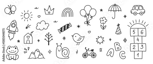 Set of doodles for kids. Kindergarten vector illustration with hopscotch, bike, bird and sun in hand drawn style.