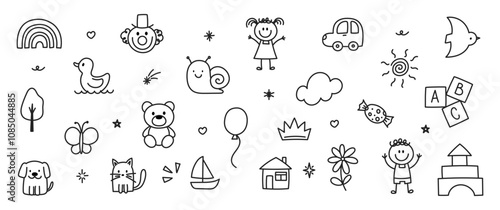 Set of doodles for kids. Kindergarten vector illustration with snail, car, bird and sun in hand drawn style.