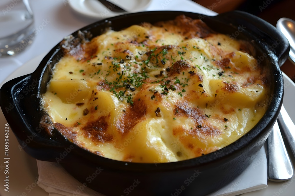 A close-up of bubbling tartiflette in a terracotta dish with melted cheese, potatoes, and bacon, on a wooden table in a cozy French chalet, with a glowing chimney and snowy pines outside A close-up of bubbling tartiflette in a terracotta dish with melted cheese, potatoes, and bacon, on a wooden table in a cozy French chalet, with a glowing chimney and snowy pines outside
