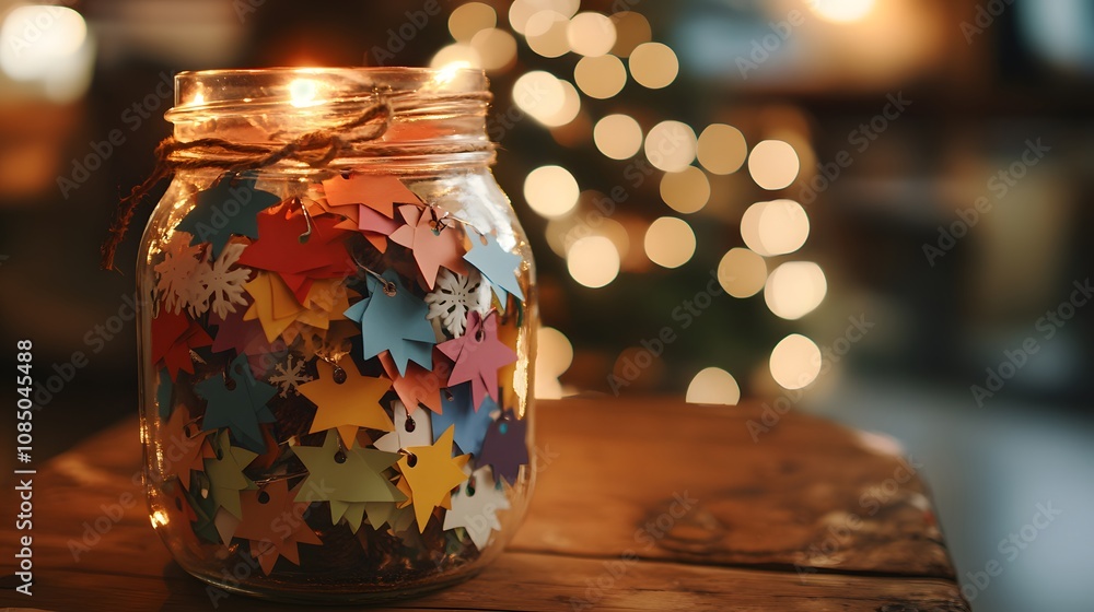 Colorful Paper Stars in Glass Jar with Warm Light and Bokeh Effect Creating a Cozy Atmosphere for Holiday Celebrations and Festive Decorations Colorful Paper Stars in Glass Jar with Warm Light and Bokeh Effect Creating a Cozy Atmosphere for Holiday Celebrations and Festive Decorations