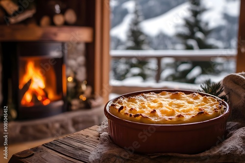 A close-up of bubbling tartiflette in a terracotta dish with melted cheese, potatoes, and bacon, on a wooden table in a cozy French chalet, with a glowing chimney and snowy pines outside photo