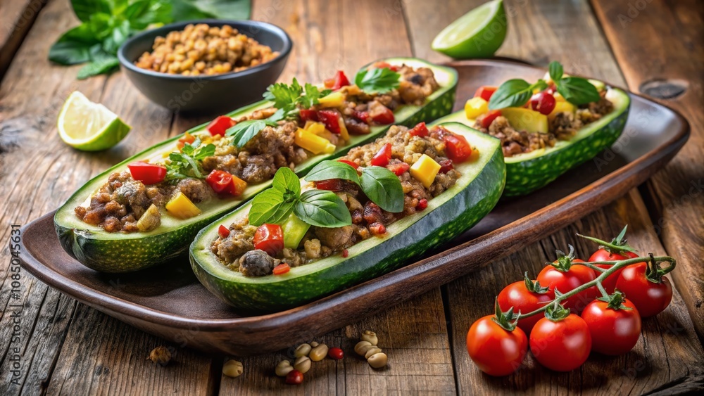 Minimalist Photography of Zucchini Stuffed with Minced Meat, Cheese, and Vegetables on Rustic Wooden Background for Culinary Inspiration and Healthy Eating Minimalist Photography of Zucchini Stuffed with Minced Meat, Cheese, and Vegetables on Rustic Wooden Background for Culinary Inspiration and Healthy Eating