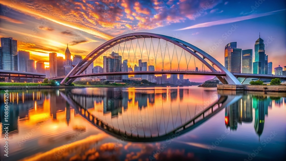 Fototapeta premium Modern Bridge Illuminated Over City Skyline at Sunrise, Capturing the Beauty of Architecture and Nature in Harmony, with Soft Pastel Hues Reflecting on Calm Waters Below