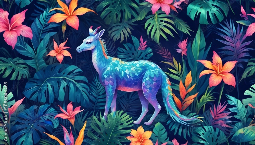 Tropical exotic pattern with animal and flowers in bright colors and lush vegetationn Tropical exotic pattern with animal and flowers in bright colors and lush vegetationn
