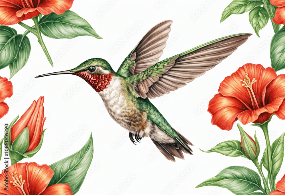 Obraz premium Ruby-throated hummingbird hovering among red hibiscus flowers