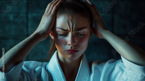 White female Judo athletes. Martial arts athletes of East Asian origin, including Judo, Karate, and Taekwondo. Copy space. Struggling with head in hands. photo