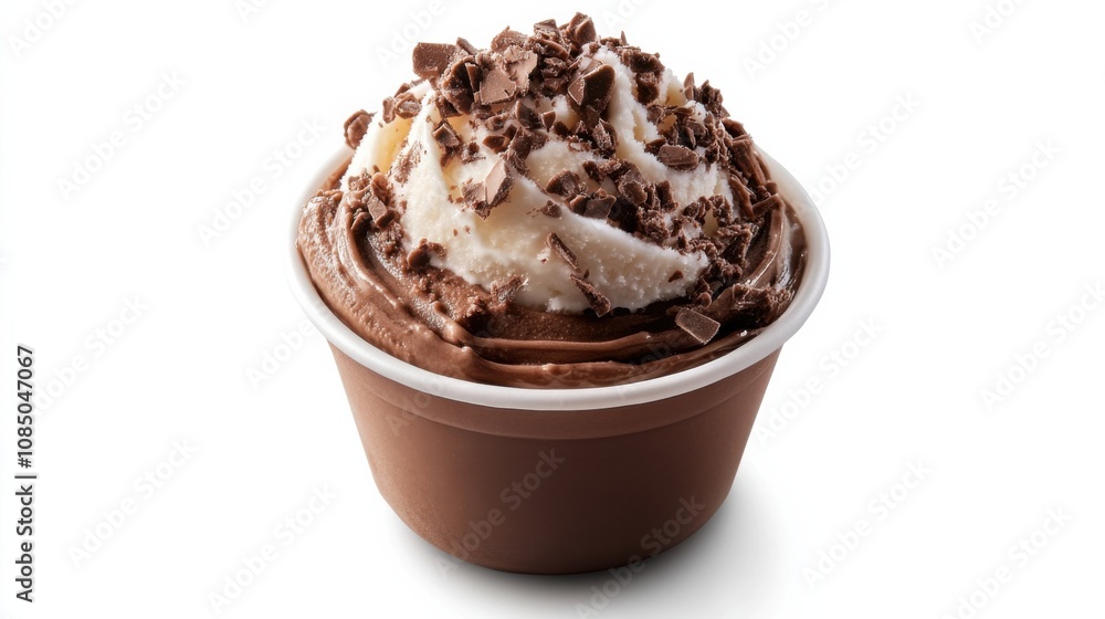 Close-up of ice cream in a cup with detailed textures, isolated against a white background Close-up of ice cream in a cup with detailed textures, isolated against a white background