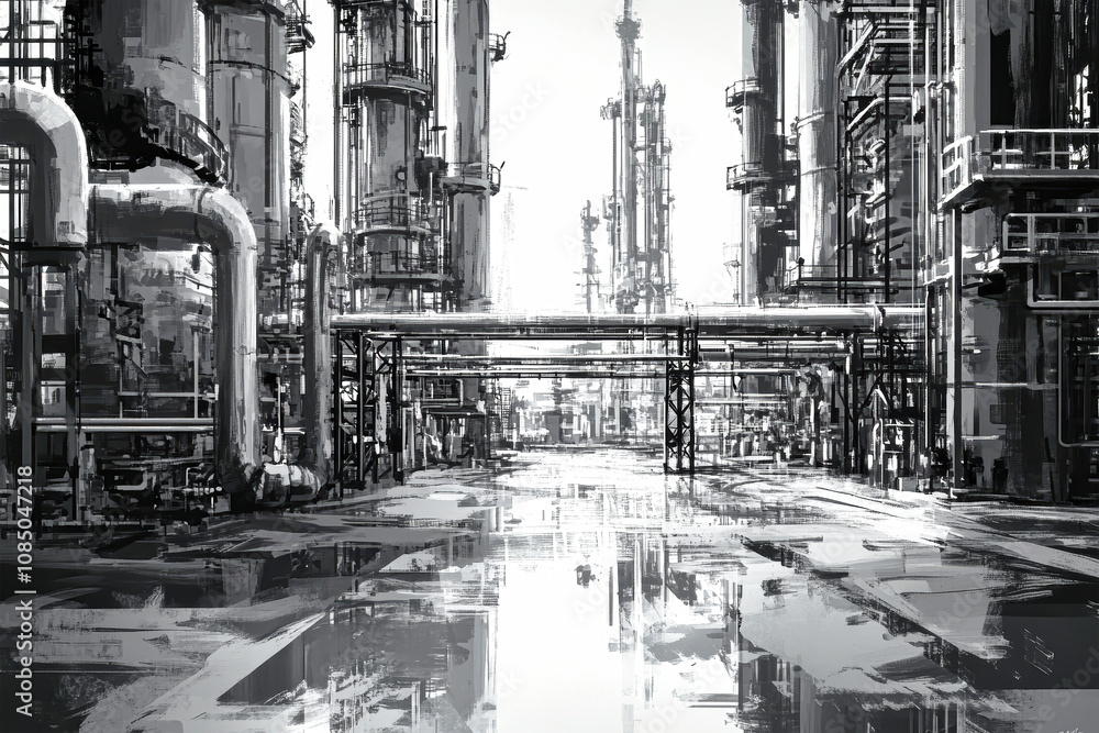 Fototapeta premium Detailed digital illustration of an industrial oil refinery featuring intricate metal pipes and equipment in a minimalistic setting
