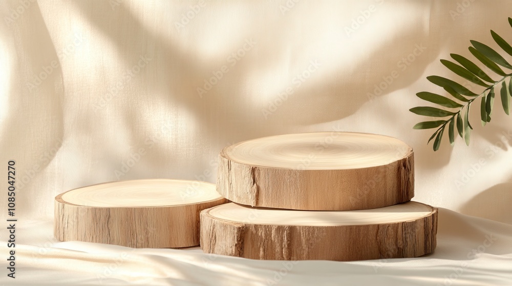 Wood podium, wooden pieces on beige background for cosmetic product mockup. Wood podium, wooden pieces on beige background for cosmetic product mockup.