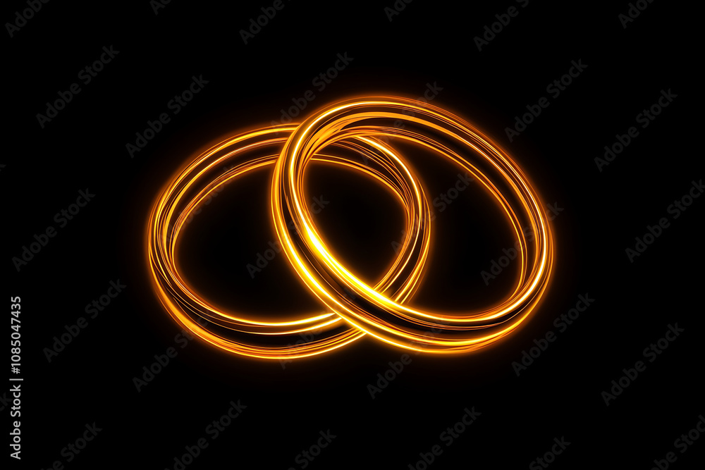 Two glowing wedding rings intertwined against a black background, symbolizing love and unity. Two glowing wedding rings intertwined against a black background, symbolizing love and unity.