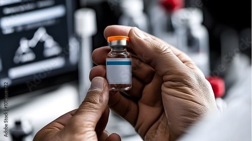 Close-up of hands carefully holding a glass vial with an orange cap and blank label, set against a blurred laboratory background.
 photo