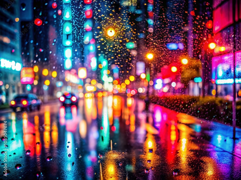 Obraz premium Moody Rain-Soaked Cityscape with Blurred Neon Lights Reflected on Wet Windowpane, Capturing the Essence of a Vibrant Urban Night in Dark Tones and Misty Atmosphere