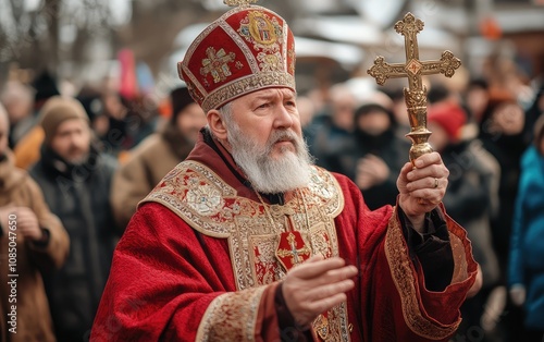 The Orthodox Archinto Pogorishny priest is holding the censer in his hand and swinging it against a Russian church background, with people around him celebrating Easter on February 27th. photo